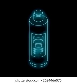 Glowing blue neon cosmetic bottle on black background representing beauty products, skincare, and nighttime routines