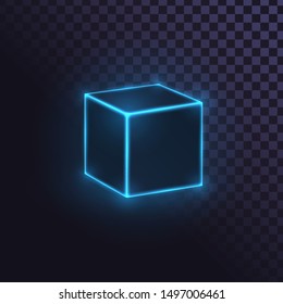 Glowing Blue Neon Cube, Futuristic Box Or Block