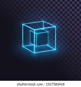 Glowing blue neon cubes, futuristic box or block, laser cube on transparent background