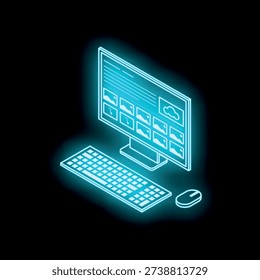 Glowing blue neon desktop computer displaying images and cloud computing on a black background