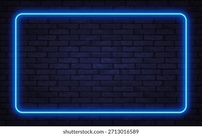 El marco de neón azul brillante en una pared de ladrillo oscuro crea una atmósfera futurista moderna. Perfecto para anuncios digitales, carteles o presentaciones con estilo.