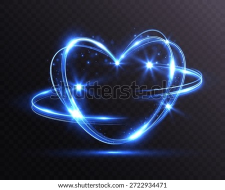 Glowing blue neon heart light trail with sparkles on transparent background, futuristic love symbol.