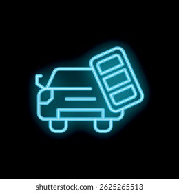 Glowing blue neon icon of electric car charging at station on black background