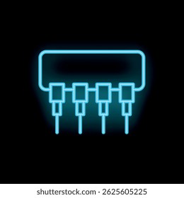 Glowing blue neon icon of an electronic integrated circuit on a black background, symbolizing semiconductor manufacturing