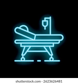 Glowing blue neon icon of a hospital bed with iv drip, symbolizing medical care and patient recovery