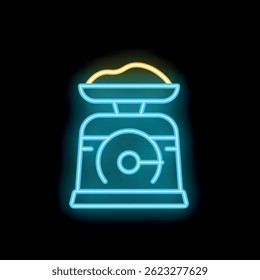 Glowing blue neon icon of kitchen scales weighing food ingredients, isolated on a black background