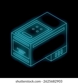 Glowing blue neon icon of a mobile phone is isolated on a black background