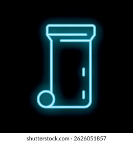 Glowing blue neon icon representing a trash bin with a wheel, set against a black background