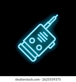 Glowing blue neon icon of a walkie talkie radio transceiver device on a black background