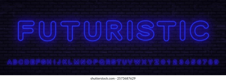 Glowing blue neon letters set in futuristic style.