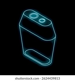 Glowing blue neon light showing the design of a modern portable speaker on black background