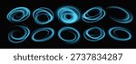 Glowing blue neon light swirls with radiant effects create dynamic circular motion on dark background, perfect for tech designs and abstract digital graphics.