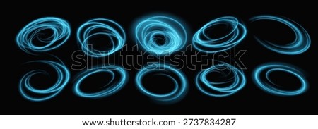 Glowing blue neon light swirls with radiant effects create dynamic circular motion on dark background, perfect for tech designs and abstract digital graphics.