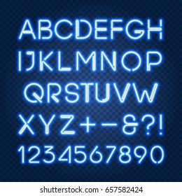 Glowing Blue Neon Lights Alphabet With Capital Letters And Numbers. Isolated Objects Abc, Typeset, Font, Uppercase Characters, Easy To Change Color And Place On Any Dark Background, Vector EPS 10