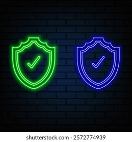 Glowing blue neon line shield with check mark icon on black background. Symbol of protection. Security check icon. Check the approved icon. blue color..