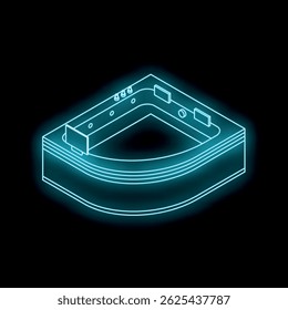 Glowing blue neon outline of a modern corner bathtub, offering a stylish and relaxing bathroom experience