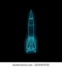 Leuchtende blaue Neonumrisse eines Raketenflugkörpers, der startbereit ist und Weltraumforschung und Militärtechnologie darstellt