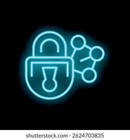 Glowing blue neon padlock icon is shining on a black background, representing the concept of network security