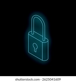 Glowing blue neon padlock on a black background illustrating the concept of cybersecurity