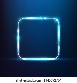 Glowing blue neon round corner square effect with sparkles. Vibrant square light frame. Blue square effect banner. Vector eps10