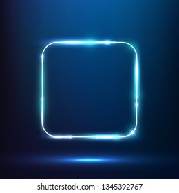 Glowing blue neon round corner square effect with sparkles. Vibrant square light frame. Blue square effect banner. Vector eps10