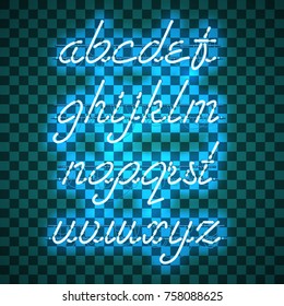 Glowing Blue Neon Script Font with lowercase letters from A to Z with wires, tubes, brackets and holders. Shining and glowing neon effect. Vector illustration.