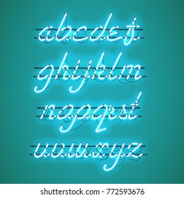 Glowing Blue Neon Script Font with lowercase letters from A to Z with wires, tubes, brackets and holders. Shining and glowing neon effect. Vector illustration.