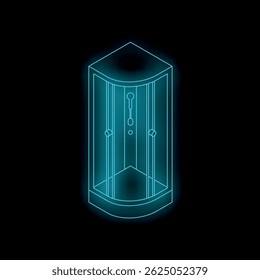 Glowing blue neon shower cabin on black background, isometric view, suitable for bathroom and hygiene concepts