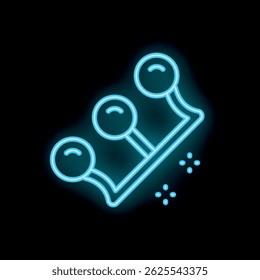 Glowing blue neon sign showing three round lollipops on a stick, isolated on black background, with copy space