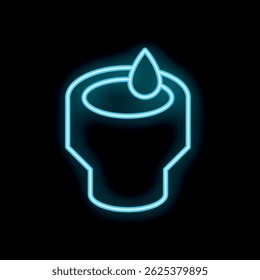 Glowing blue neon sign of a single water drop falling into glass cylinder on black background