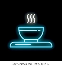 Glowing blue neon sign of a steaming hot bowl of soup on a black background