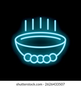 Glowing blue neon sign of a steaming hot bowl of soup on a black background