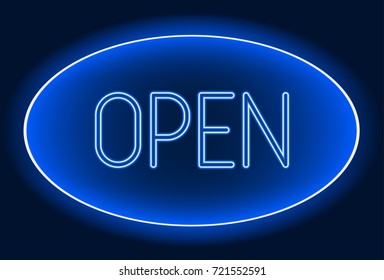Glowing blue neon sign. Typography lettering open. Vector illustration for an open store, shop or bar.