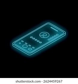 Glowing blue neon smartphone displaying five star rating and user profile, representing online feedback and customer satisfaction