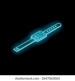 Glowing blue neon smartwatch displaying time and weather forecast, isolated on black background