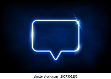 Glowing blue neon speech bubble sign. Electric light rectangle frame isolated on dark background with fog. Vector design element