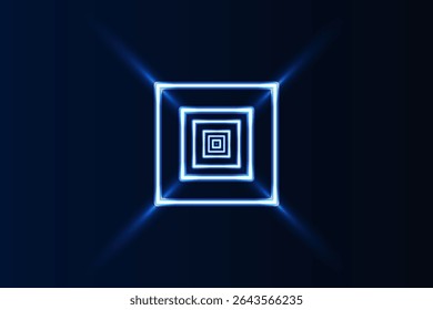 Glowing blue neon squares forming a tunnel like visual illusion on a dark background, evoking a futuristic digital vibe