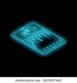Glowing blue neon tablet displaying user interface in isometric view on dark background, showcasing modern technology