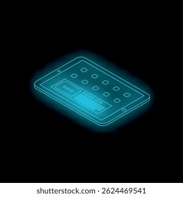 Glowing blue neon tablet showcasing data and information in a futuristic isometric view