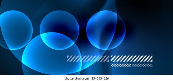 Glowing blue neon transparent bubbles background. Techno modern circles in dark space.
