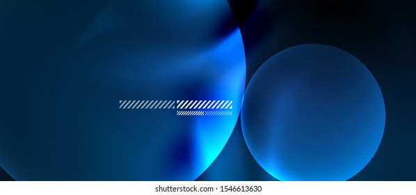Glowing blue neon transparent bubbles background. Techno modern circles in dark space.