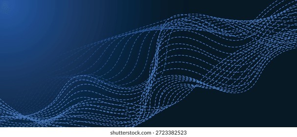 Red azul brillante de puntos y líneas conectadas sobre un fondo oscuro con un patrón ondulatorio y un efecto brillante, creando una sensación de profundidad y tecnología