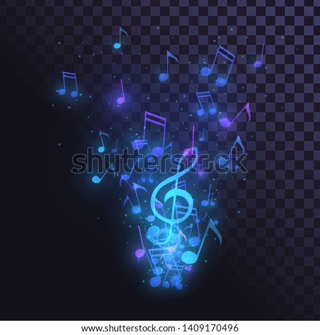 Glowing blue notes on a transparent background, decorative element. Music, melody