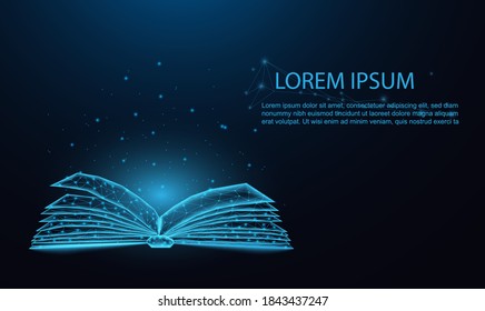 glowing blue open book. Low polygon, particle, and triangle style design.Wireframe light connection structure.