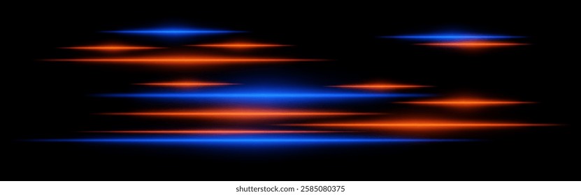 Glowing blue and orange light streaks on a black background. Horizontal neon beams create a high-speed motion effect, representing futuristic technology and digital energy.
