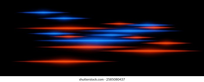 Glowing blue and orange light streaks black background. Horizontal neon beams create a high-speed motion effect, symbolizing energy and futuristic technology. Sci-fi, digital effects, and cyber themes
