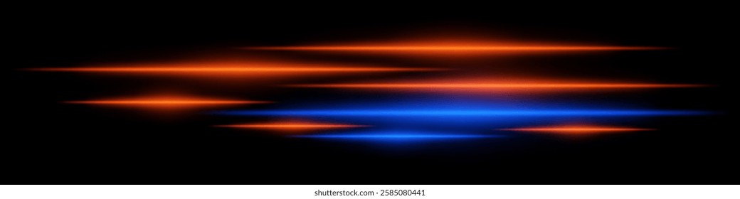 Glowing blue and orange light streaks black background. Horizontal neon beams create a high-speed motion effect, symbolizing energy and futuristic technology. Sci-fi, digital effects, and cyber themes