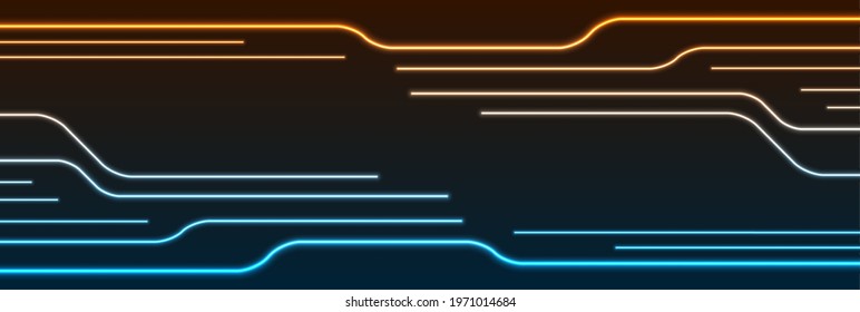 Glowing blue orange neon circuit board lines abstract banner design. Technology vector background