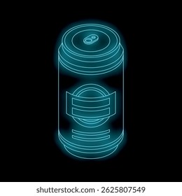 Glowing blue outline of an aluminum can with condensation, isolated on black background