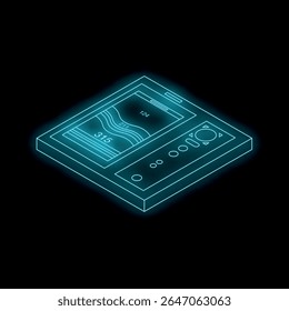 Glowing blue outline of a futuristic mobile device showcasing data visualization and interactive controls in isometric view